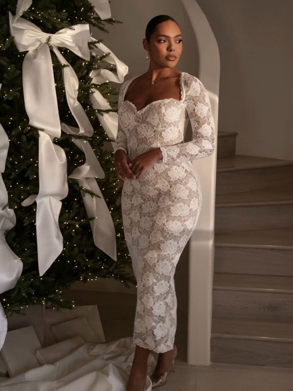 JLUXLABEL Ivory Lace Long Sleeve sweetheart Midi Dress - Picture 3 of 4